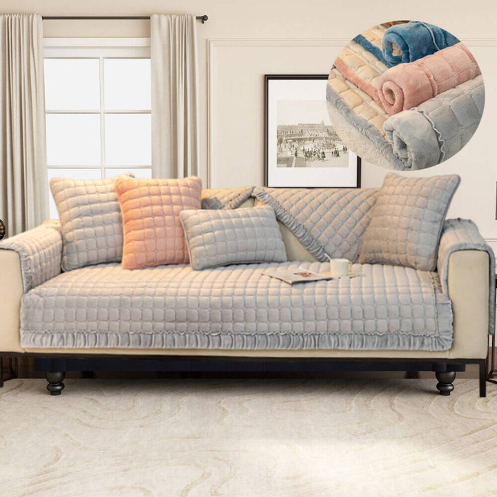 Close-up of soft plush velvet fabric on a sectional couch cover, showing texture & quality