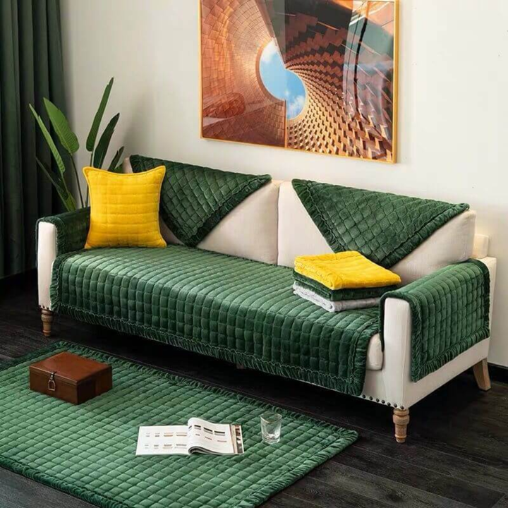 Sectional couch with a fitted beige velvet cover, anti-slip backing visible, enhancing home decor