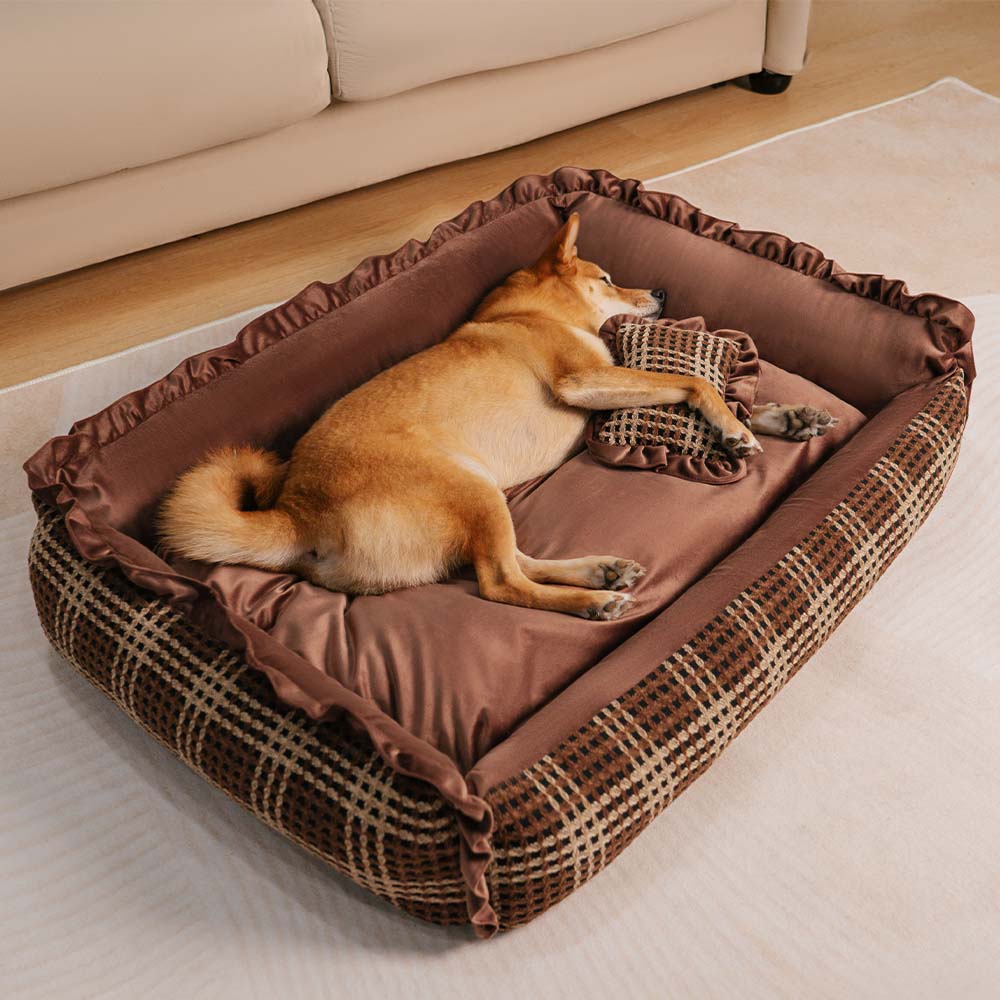 Plush bolster dog bed with spine support, washable, gray cozy pet furniture