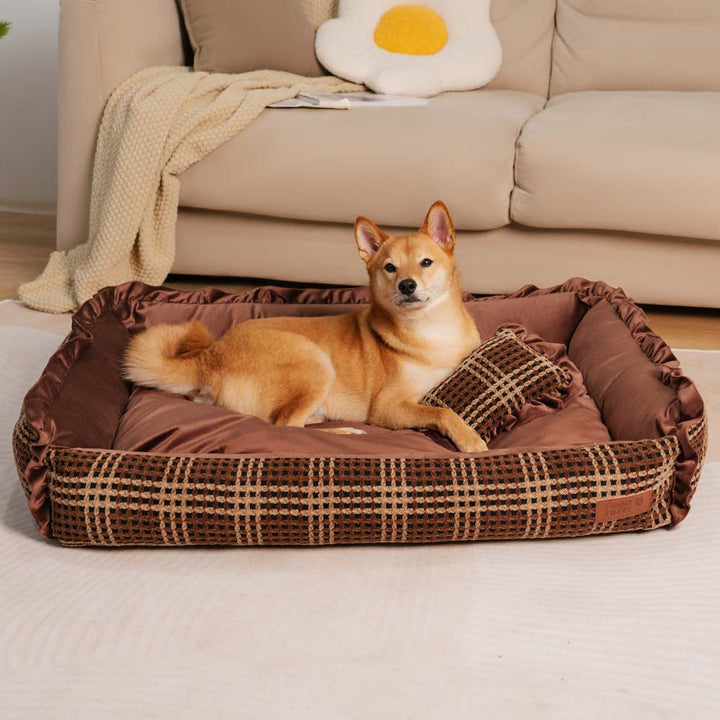 Pet furniture: washable gray bolster dog bed, orthopedic spine support, luxury