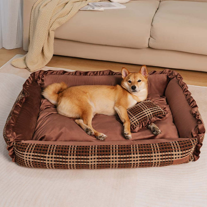 Gray washable bolster dog bed, plush fabric, orthopedic spine support for pets