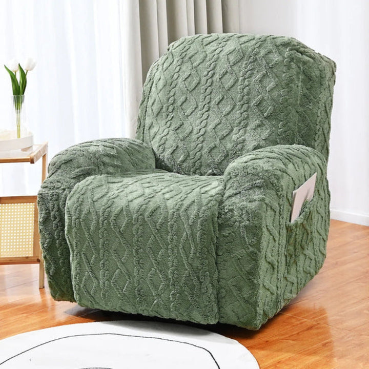 Plush cable knit jacquard recliner cover, a cozy furniture protector for your living room chair.