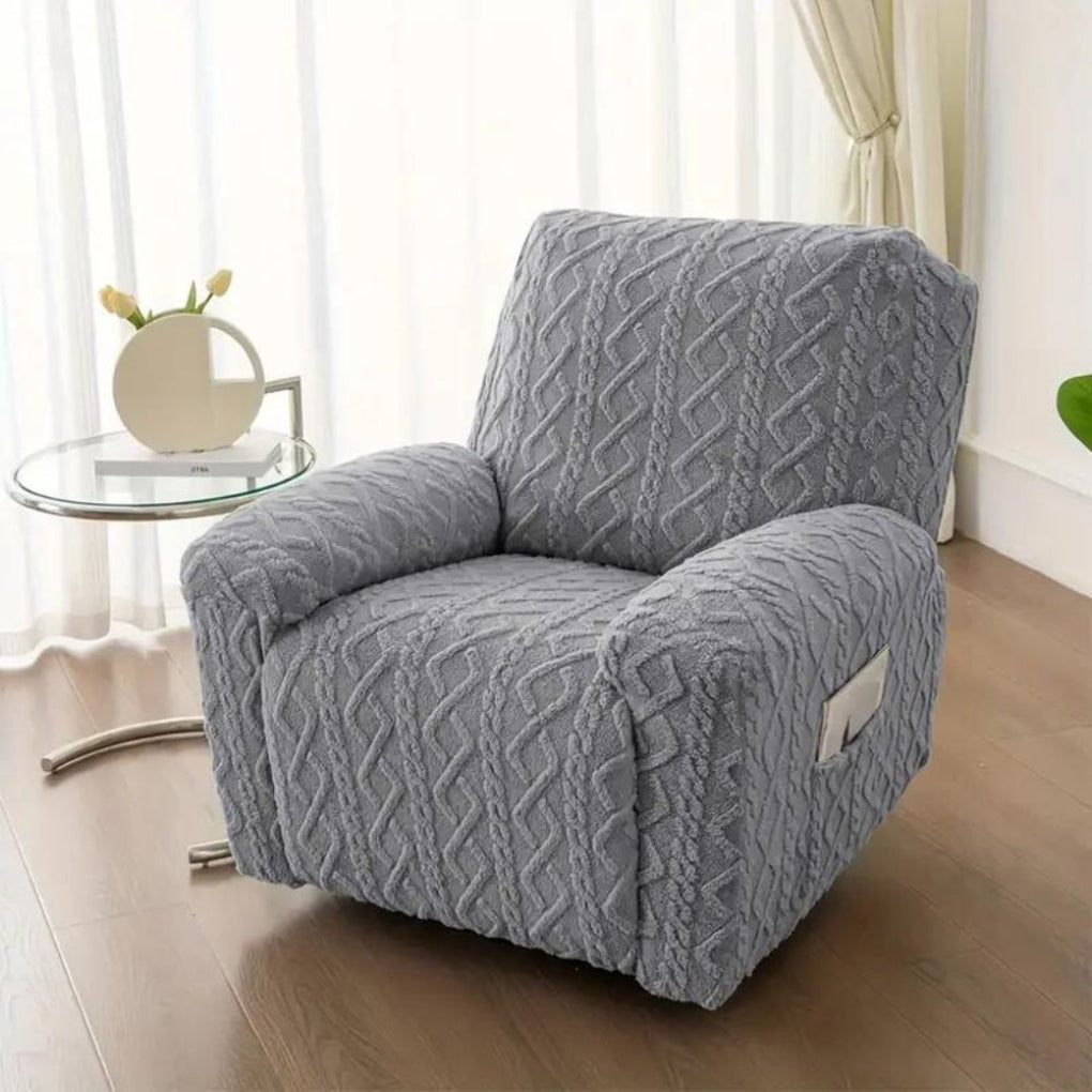 Luxurious cable knit jacquard recliner cover. Soft plush fabric brings cozy comfort to any living room chair.