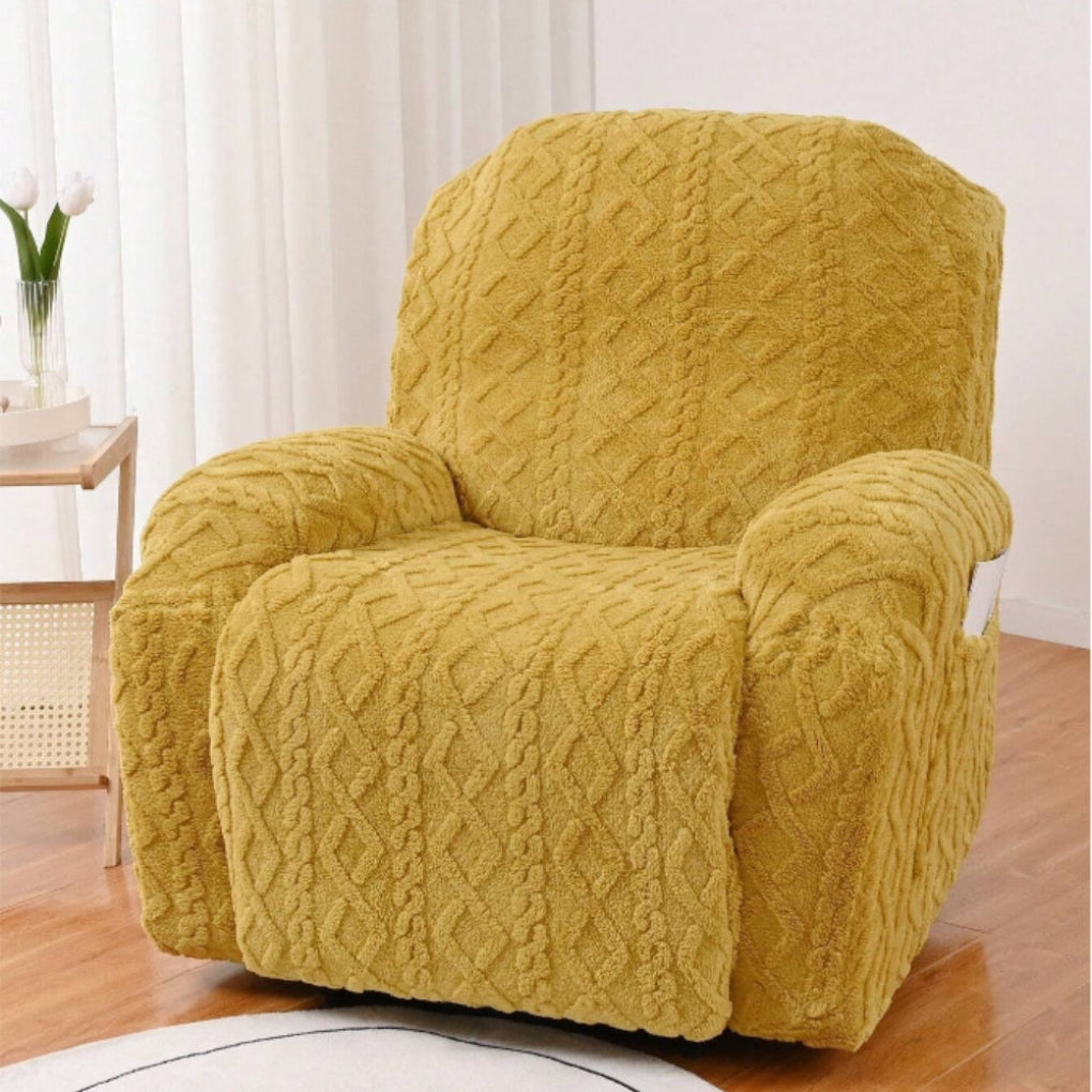 Stylish plush cable knit jacquard chair cover, protects recliners while enhancing living room decor with cozy texture.