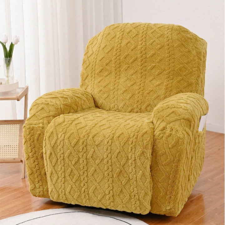 Stylish plush cable knit jacquard chair cover, protects recliners while enhancing living room decor with cozy texture.