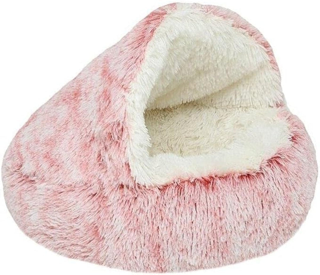 Dog's Calming Cave Pet Bed. Plush, round, washable bed for deep sleep, anxiety relief & comfort.