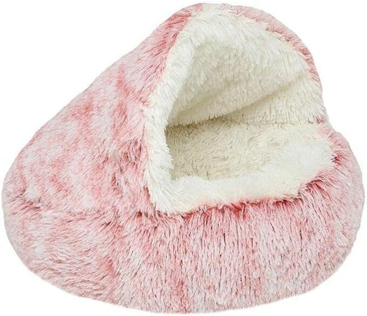 Dog's Calming Cave Pet Bed. Plush, round, washable bed for deep sleep, anxiety relief & comfort.