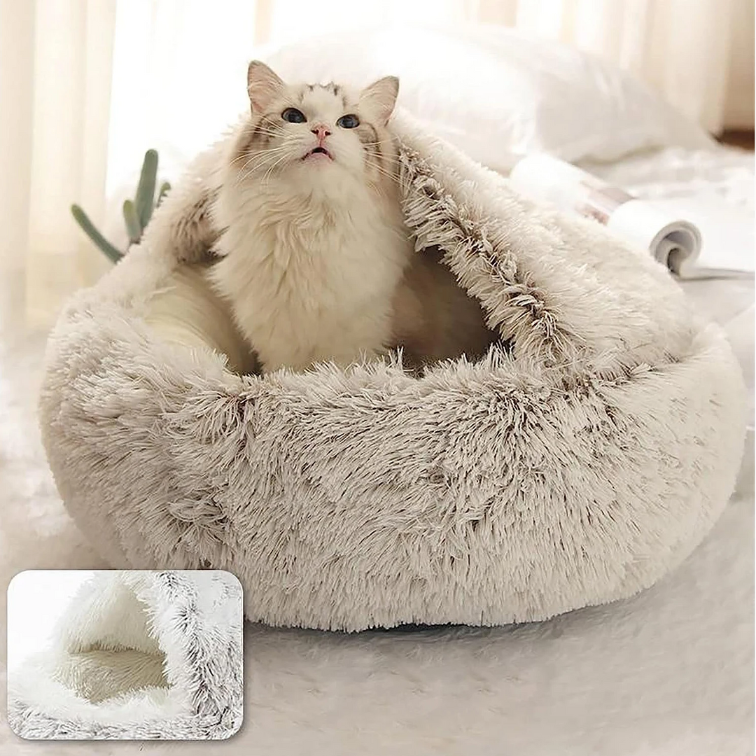 Large grey calming cave dog bed. Comfortable pet accessory for deep sleep & anxiety relief.