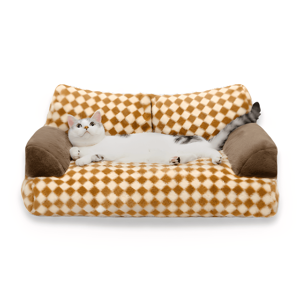 High-quality washable plush cat bed, bolster sofa shape, perfect for pet relaxation.
