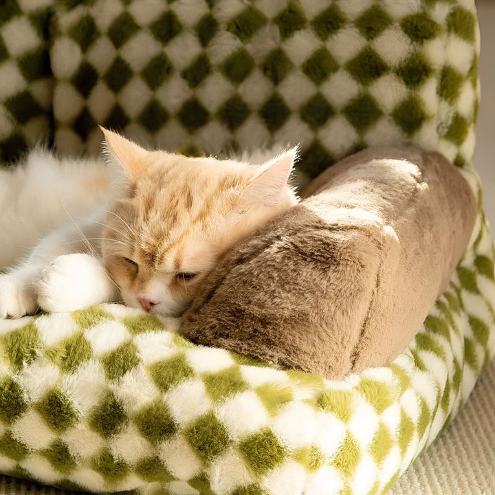 Comfortable plush cat bed, bolster sofa style, featuring a removable washable cover.