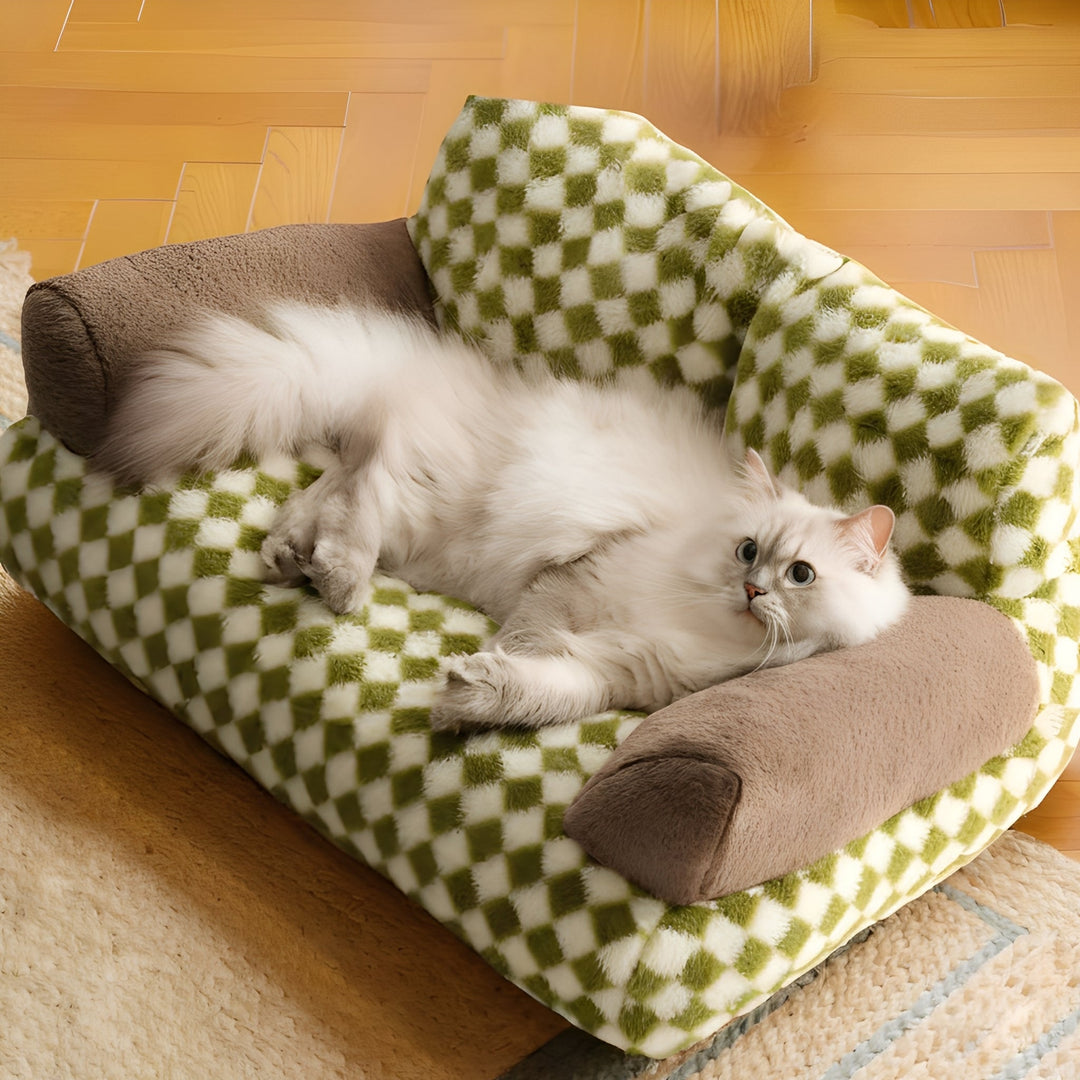 Washable cat bed, bolster sofa for cats, plush material, a cozy pet accessory.