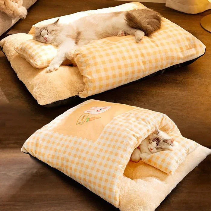 Plush cat sleeping bag bed, soft and cozy for ultimate feline comfort.