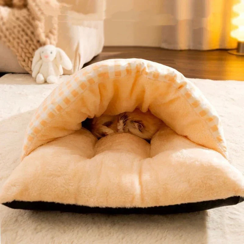 Feline sanctuary, a premium cat sleeping bag bed in a neutral tone.