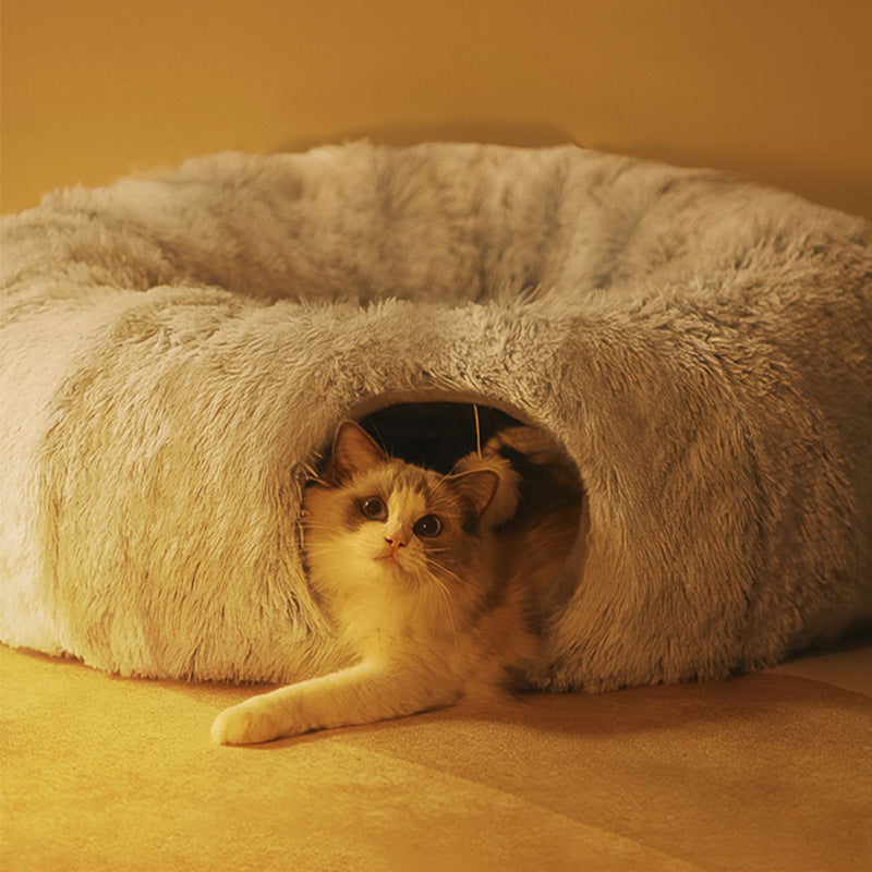 Plush cat tunnel bed for play and rest, a cozy pet accessory hideaway for cats.
