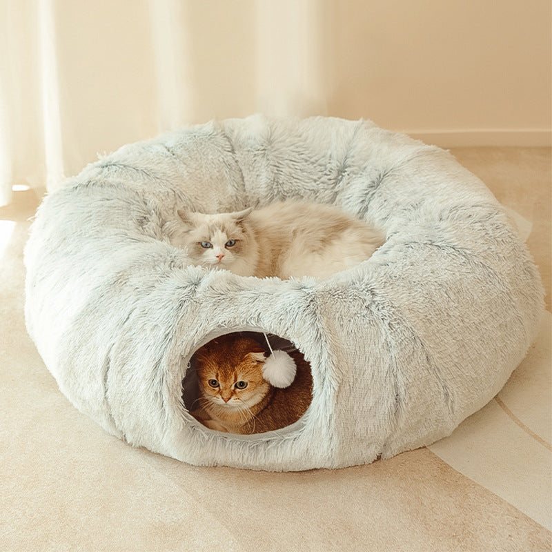 Cat supplies: multi-functional plush tunnel bed, ideal for pet comfort and playful hideaway.