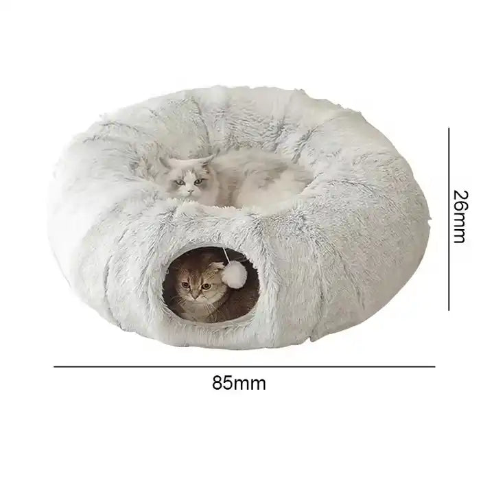 Cozy cat bed and interactive tunnel, a plush pet accessory for cats to play and relax.