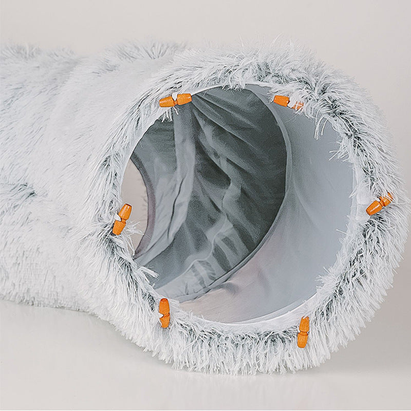 Plush cat tunnel bed, a warm hideaway and play area, essential cat supplies for pet comfort.