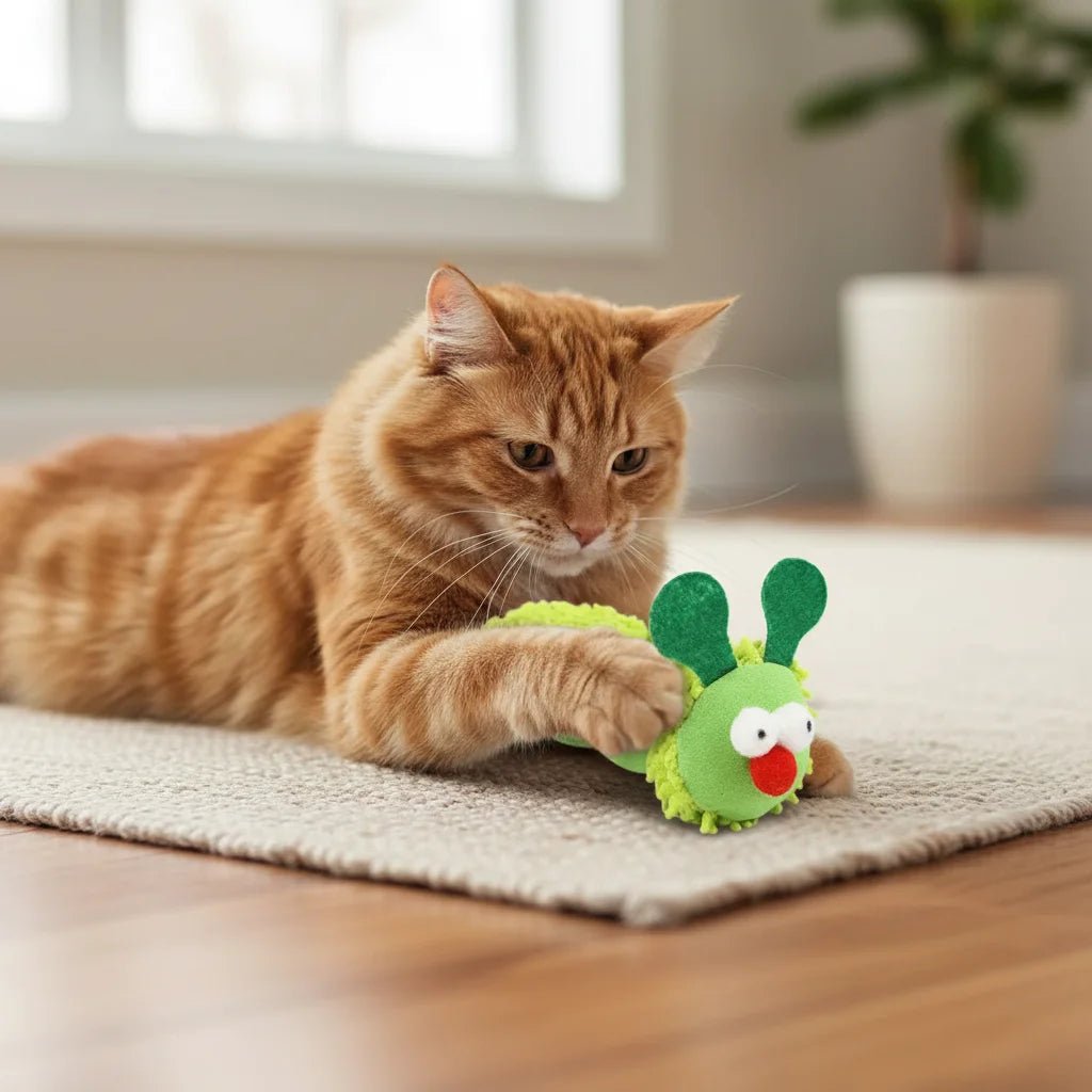 Green caterpillar interactive catnip toy, promoting exercise & stress relief for cats