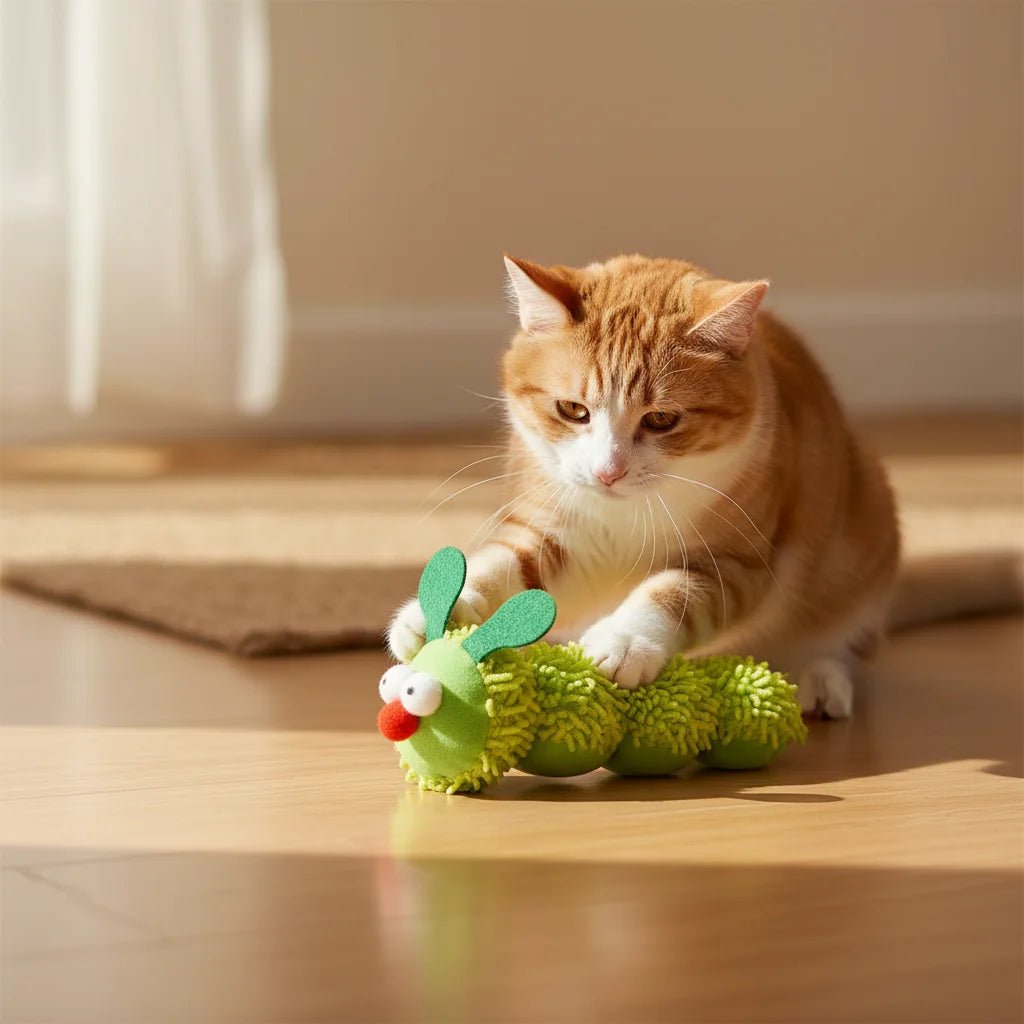 Catnip-filled plush caterpillar, an engaging pet toy for healthy feline activity
