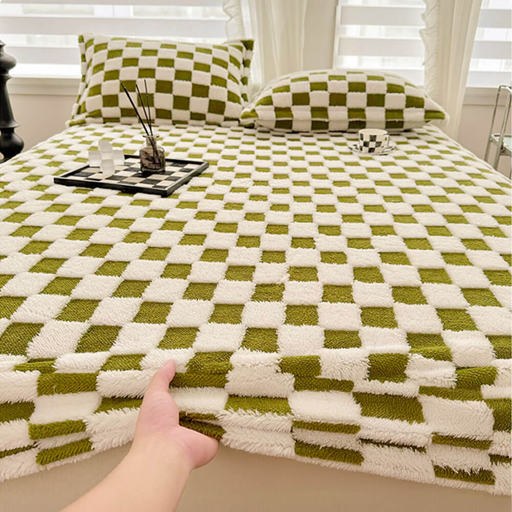 Checkerboard plush fitted sheet in soft milk velvet, perfect cozy bedding for a warm and inviting bedroom