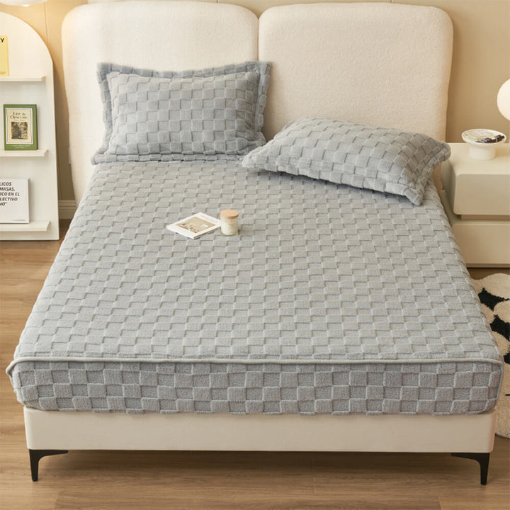 Stylish checkerboard fitted sheet, premium milk velvet bedding offering superior softness and warmth