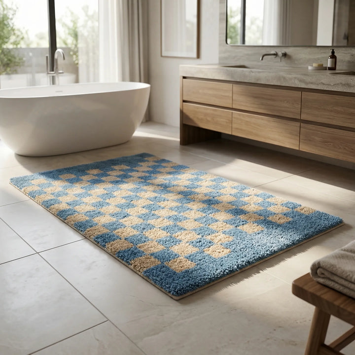 Plush checkered bath mat, soft, non-slip, quick-dry for modern bathroom decor.