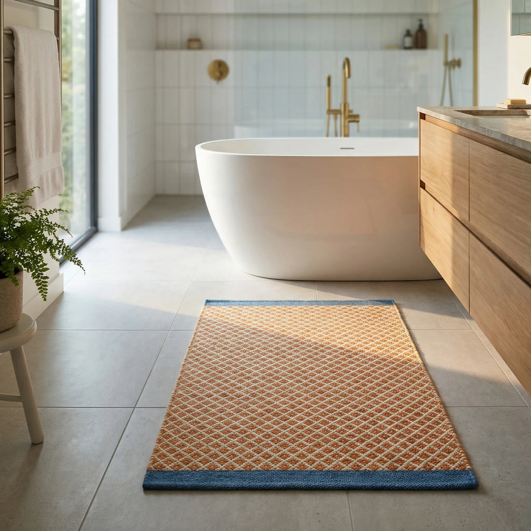 Modern checkered plush bath mat, ultra-soft and absorbent, ideal for contemporary bathroom decor.