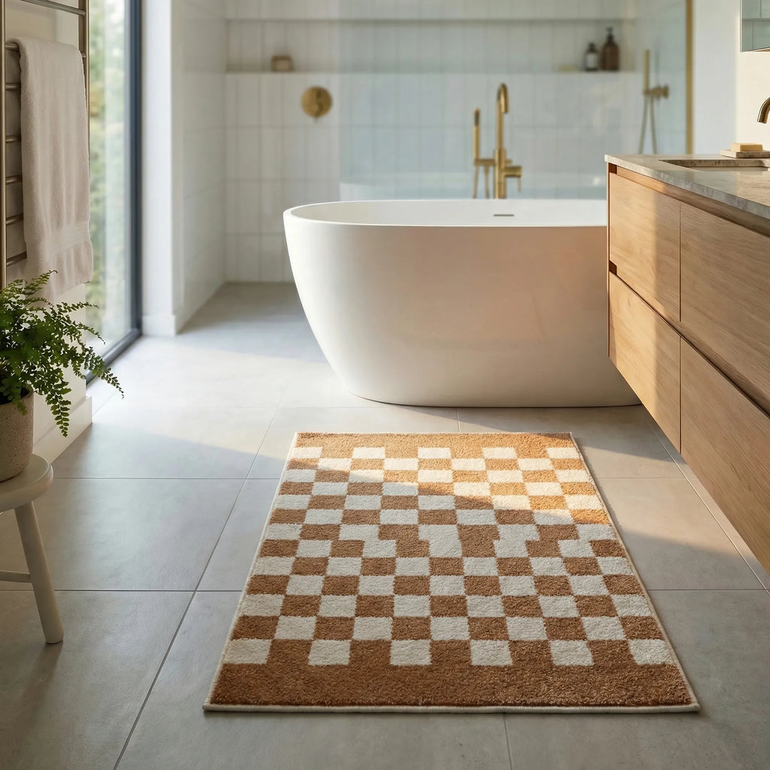 Cozy plush checkered floor mat, soft underfoot, perfect for bathrooms, entryways, or comfort.