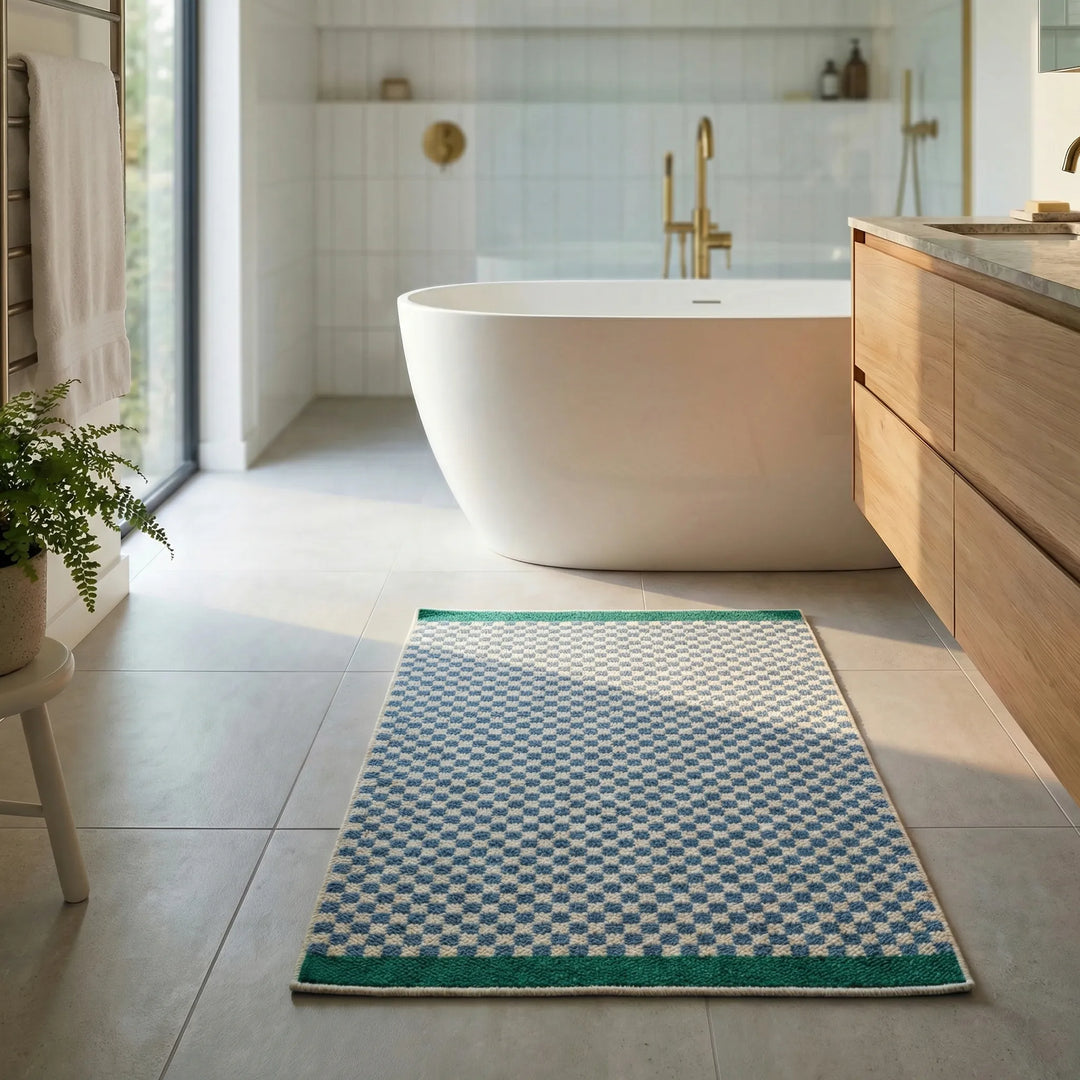Absorbent, quick-dry plush checkered bath mat with non-slip backing for safe, comfortable bathrooms.