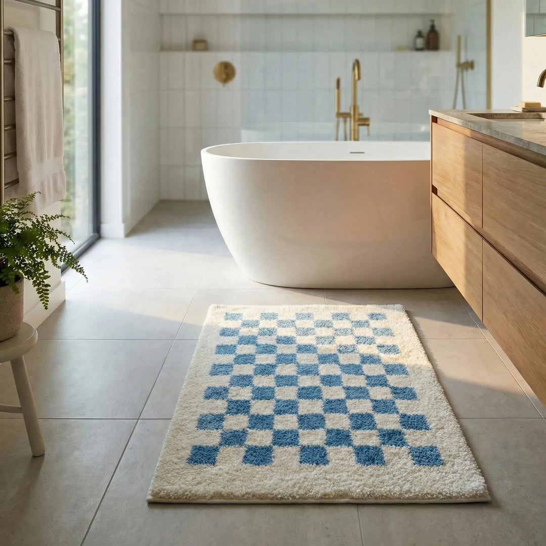 Stylish checkered plush bath mat adds modern elegance and soft comfort to any bathroom floor.