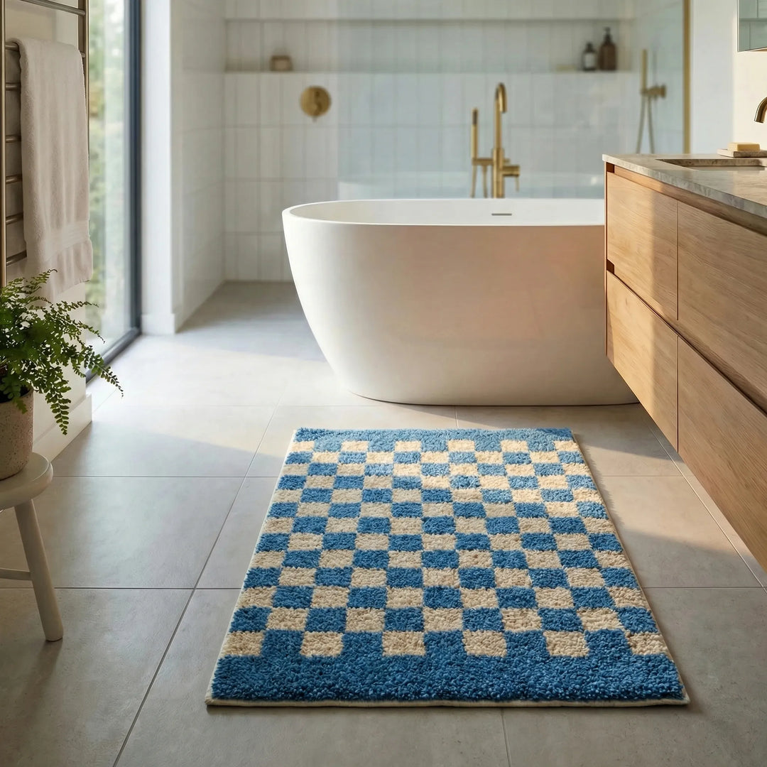 Ultra-soft plush checkered bathroom floor mat offers luxurious comfort and quick-drying absorbency.