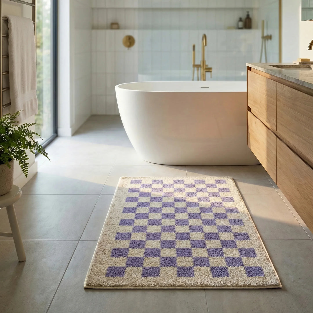 PlushiGrid plush checkered bath mat, non-slip, quick-dry, adds soft comfort to bathroom floors.