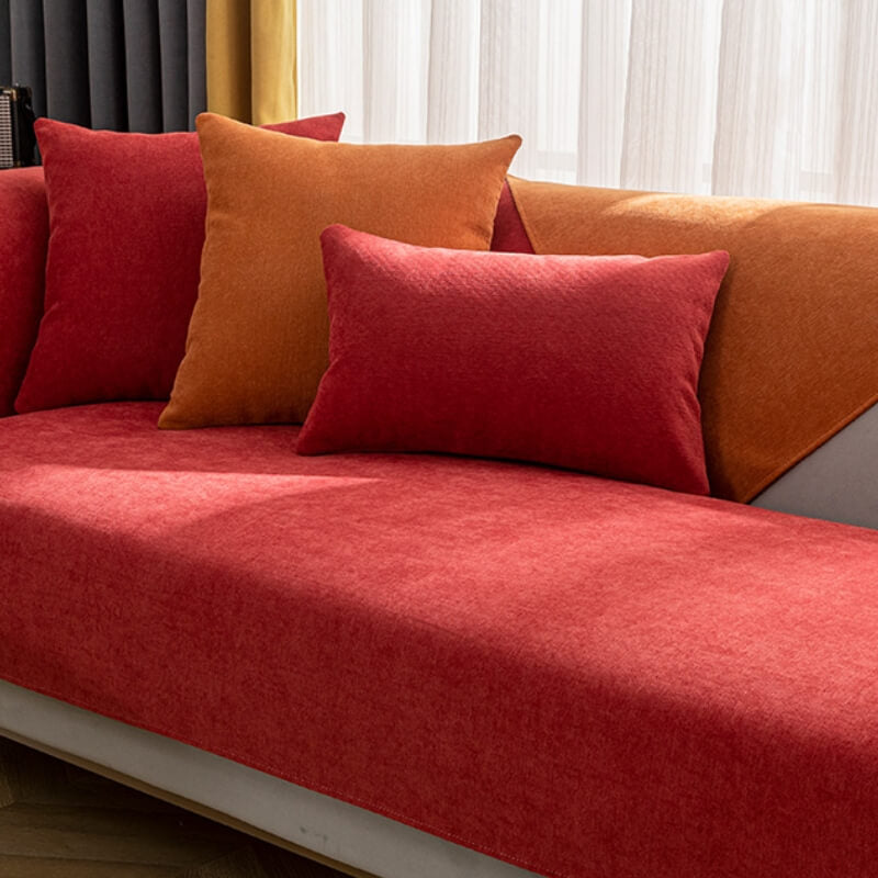 Plush chenille sofa protector slipcover in a neutral tone, ideal for pet-friendly living rooms