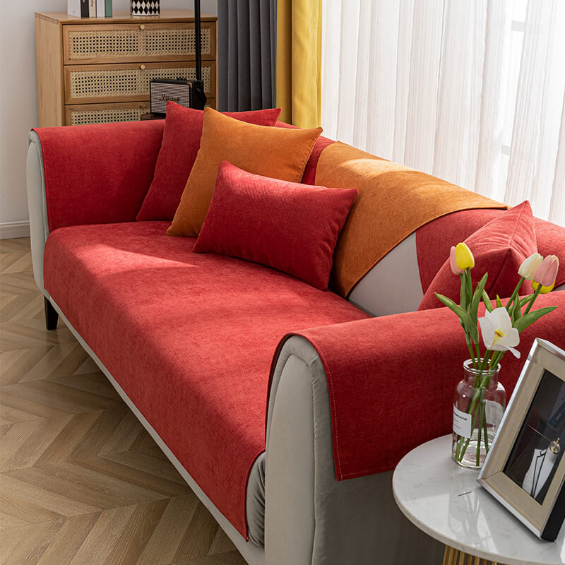 Non-slip chenille couch cover protecting a cream sofa, perfect for active families & pets