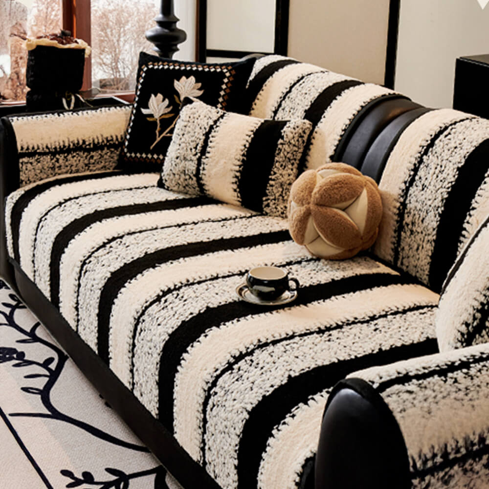 Plush chenille striped sofa cushion cover in thick, soft fabric, ideal for living room decor and comfort.