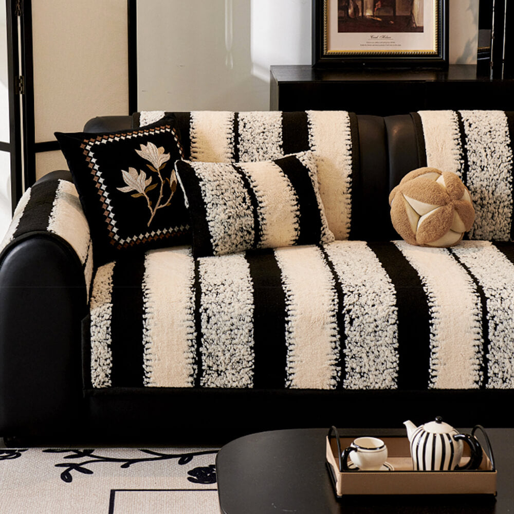 Thickened striped chenille couch cover, pet friendly and non-slip, protecting furniture from wear.