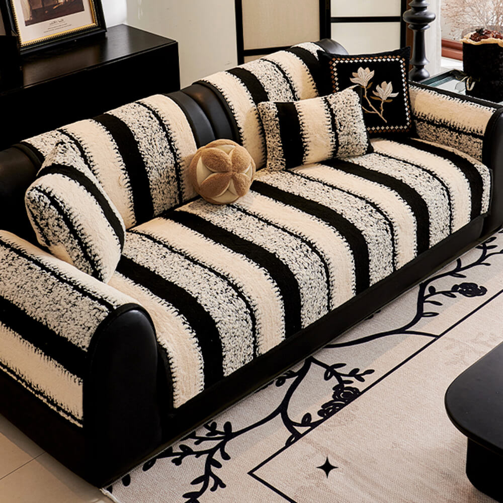 Close-up of plush chenille striped sofa cushion cover texture, showcasing soft, durable fabric.