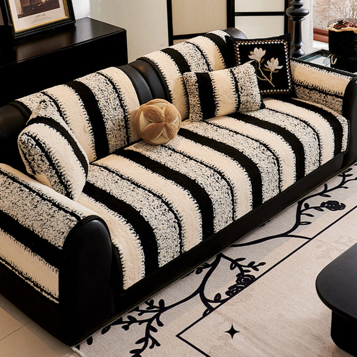 Close-up of plush chenille striped sofa cushion cover texture, showcasing soft, durable fabric.