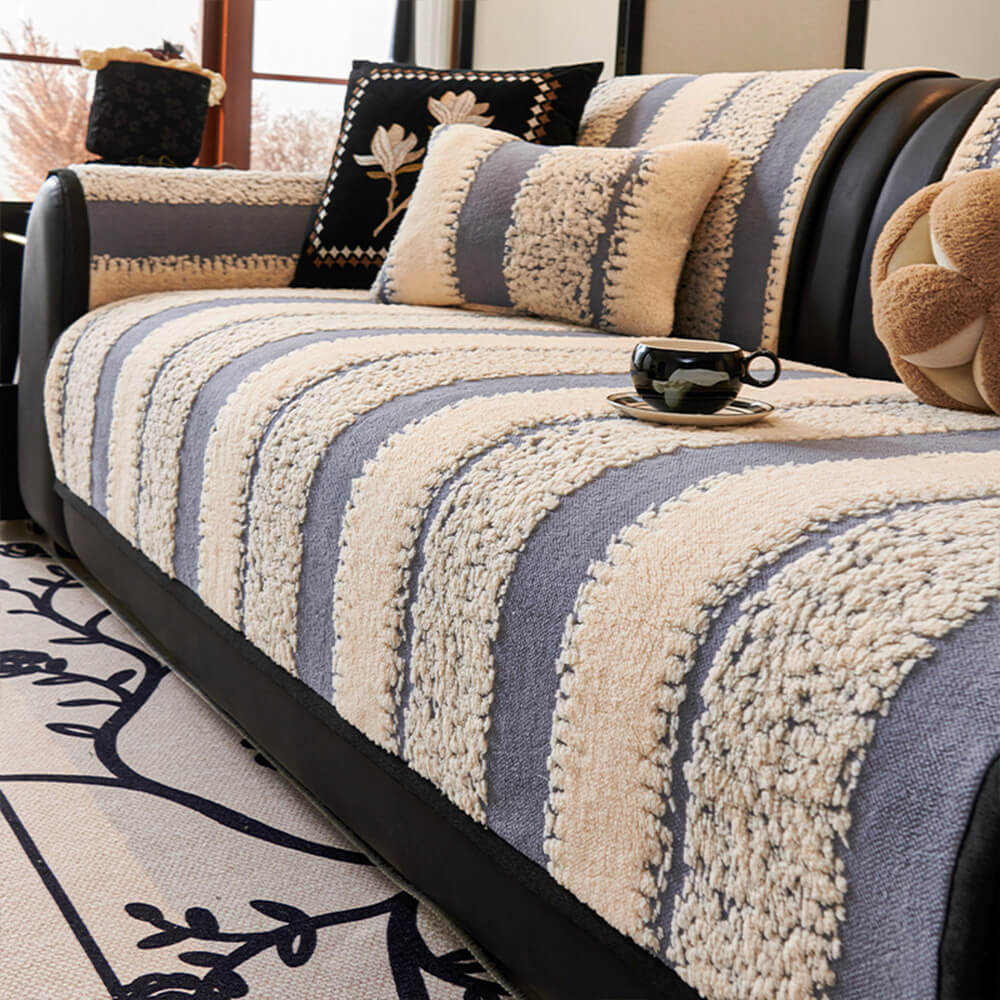 Elegant striped chenille sofa cushion cover in a modern living room setting, adding decor and protection.