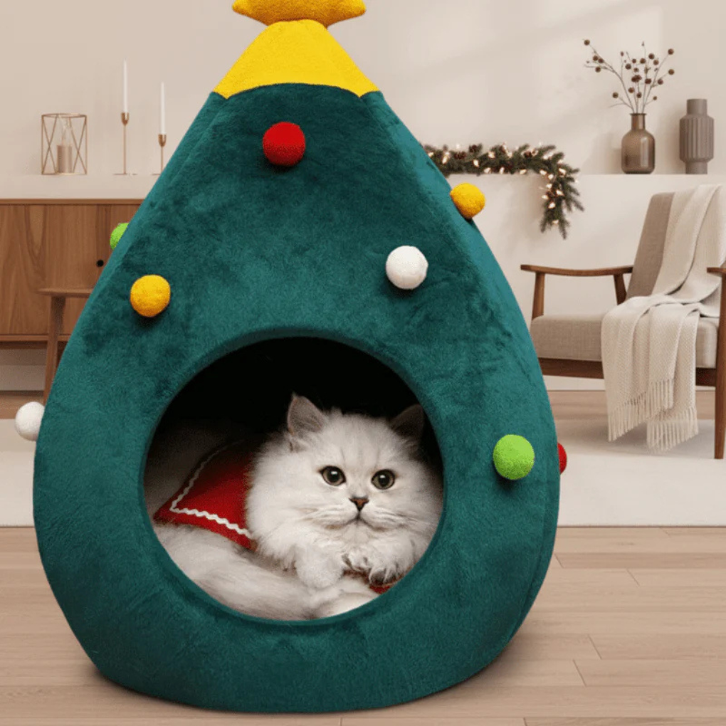 Plush Christmas tree cat bed, cozy pet house retreat for indoor cats, festive holiday pet furniture