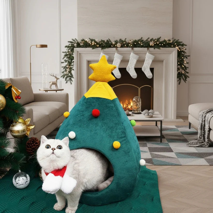 Warm green plush cat bed shaped like a Christmas tree, ideal holiday pet accessory, cozy indoor cat house