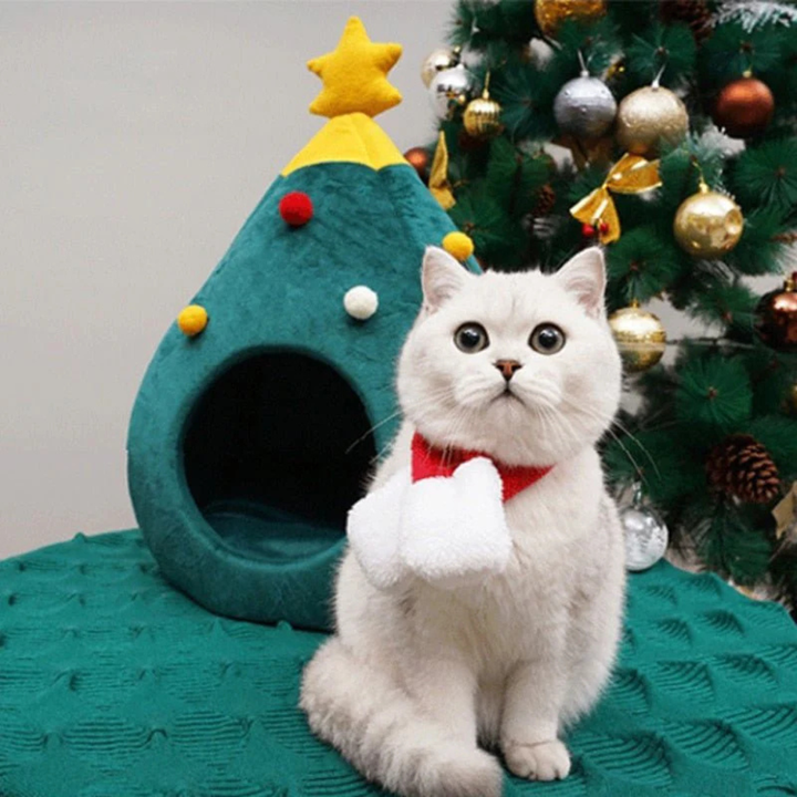 Festive Christmas tree pet bed, super soft plush cat house for cozy pet retreats, holiday themed cat furniture