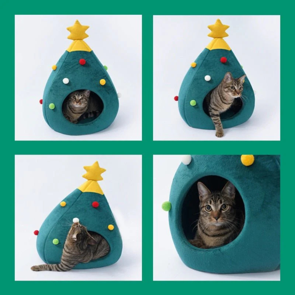 Cozy pet bed resembling a Christmas tree, plush material for warm cat comfort, new holiday cat accessory
