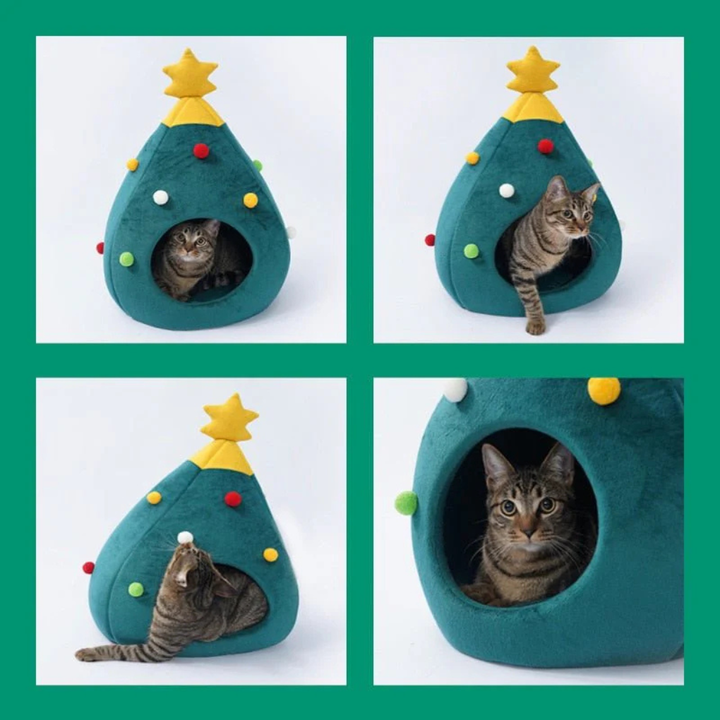 Cozy pet bed resembling a Christmas tree, plush material for warm cat comfort, new holiday cat accessory