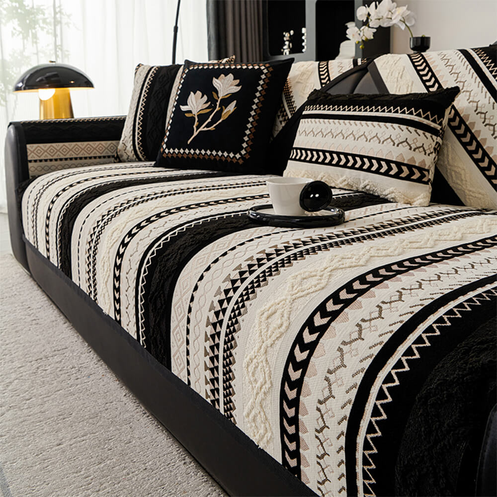 Unisex chenille colorblock sofa cover with non-slip backing, ideal for sectional furniture.