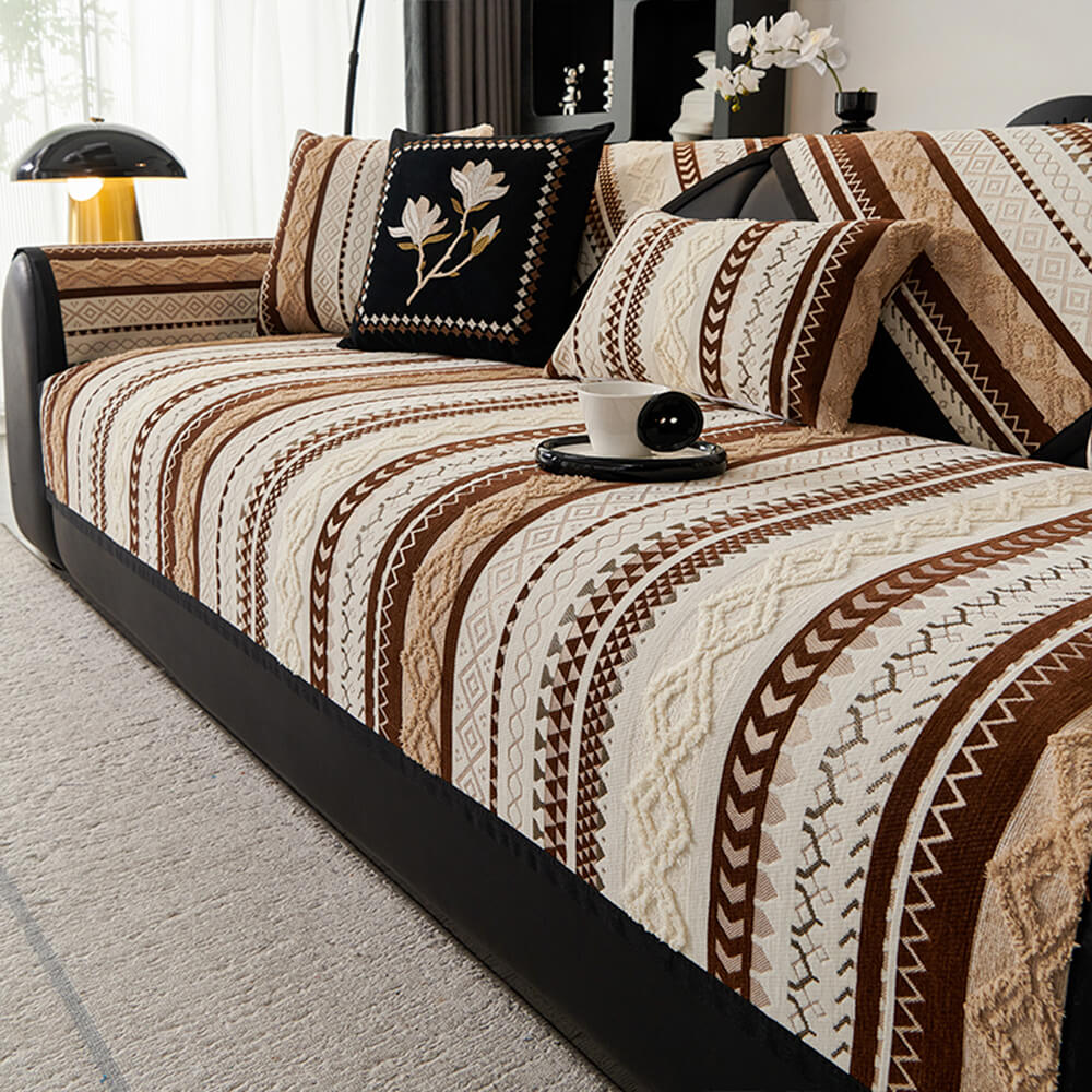 Luxurious colorblock woven suede couch cover, non-slip, enhances home decor and pet friendly.