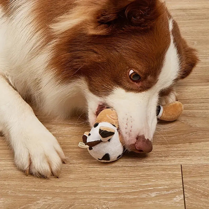 Soft cow dog toy, perfect plush pet supply for canine stress relief and play.