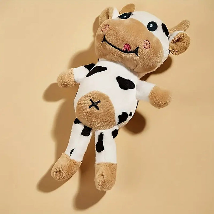 Dog chew toy: cow-shaped plush for stress relief, suitable for small/medium pets.