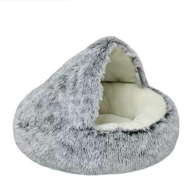 Gray plush pet bed, 2-in-1 cozy cave and open cushioning for cats and dogs