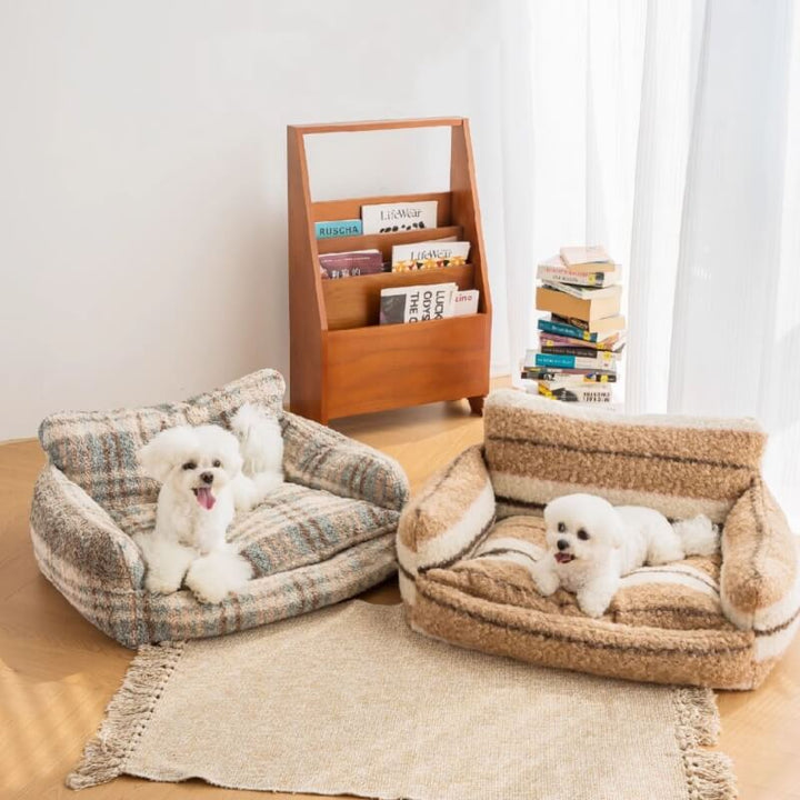 Plush cozy pet sofa bed for dogs & cats, soft grey, ideal for comfort and warmth.
